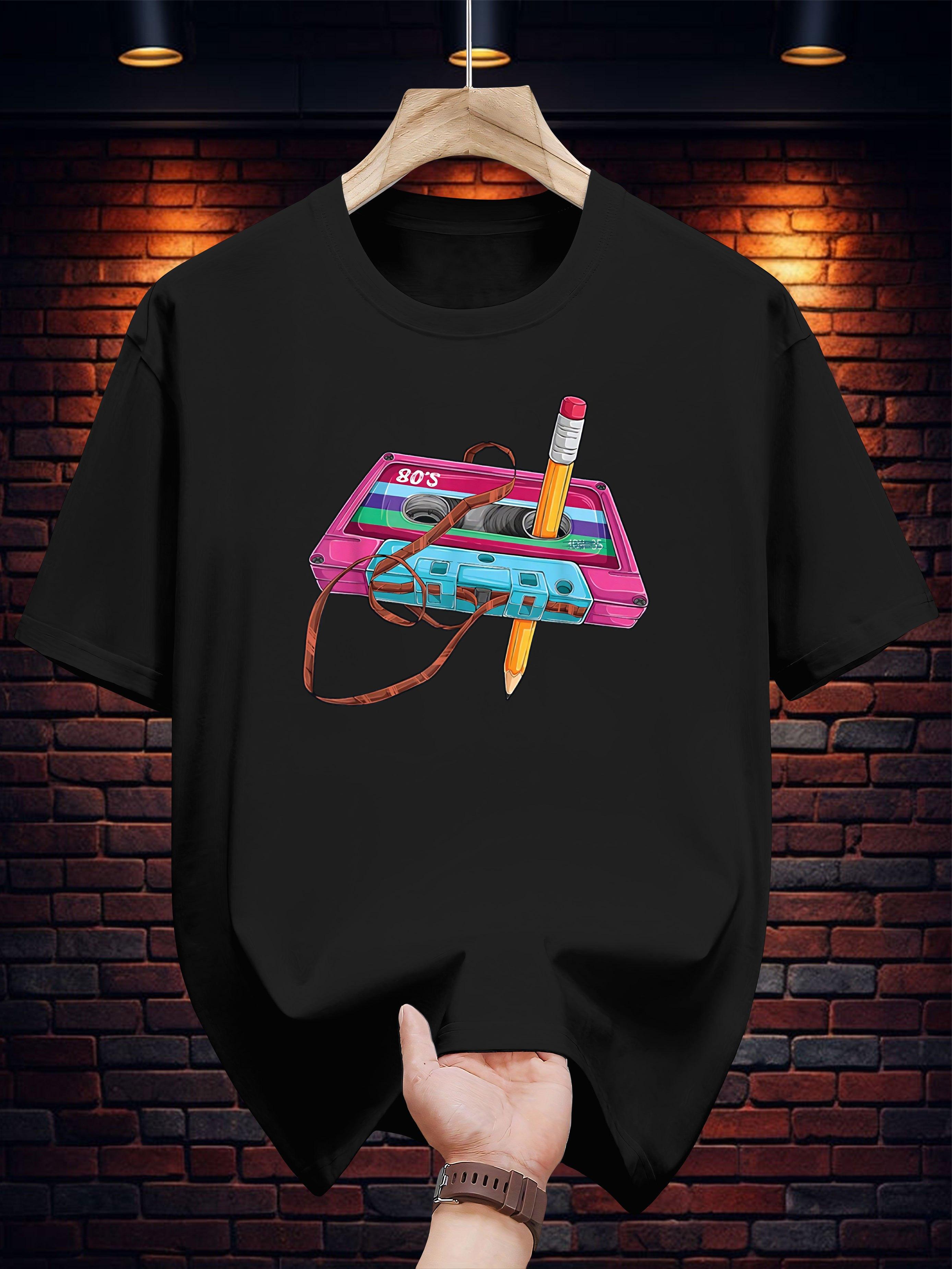 

Retro Cassette & Pencil Graphic T-shirt - Black Short Sleeve Round Neck Casual Summer Tee XL