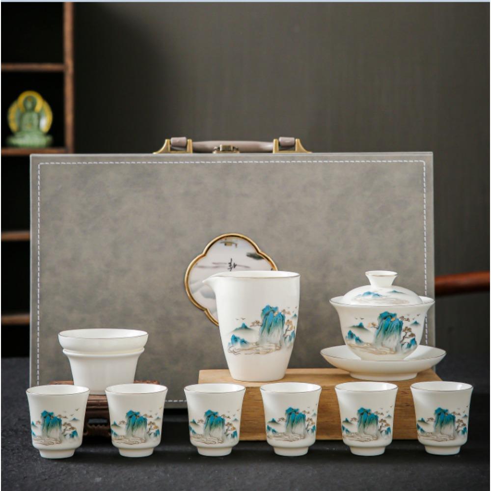 White Porcelain Full Set of Kung Fu Ceramic Tea Set Household Set Gift Box Suet Jade Business Gift Box a Set of Chinese High-end