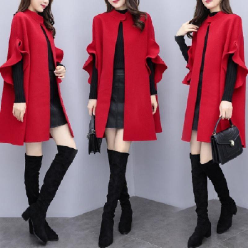 Women's Plus Size Red Wool A-Line Cloak Coat - Mid-Length, Perfect for Spring, Autumn, & Winter.