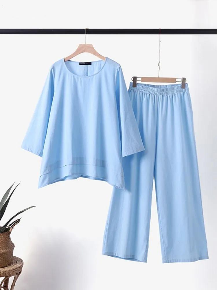 2023 Chinese Style Plus Size Women's Retro Pants Set: Solid Color Cotton Linen Casual Long Sleeve Loose Fit