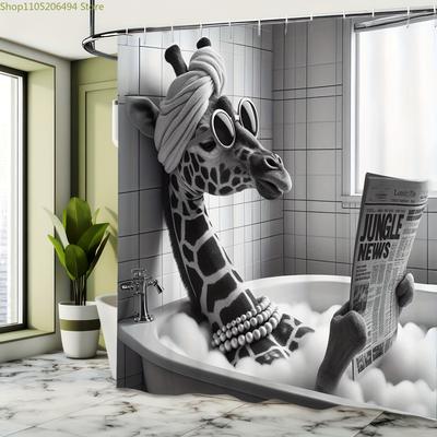 1pc Funny Giraffe Shower Curtain - Machine Washable Polyester with Fashion Glasses & Beaded Necklace Design, Durable Bathroom