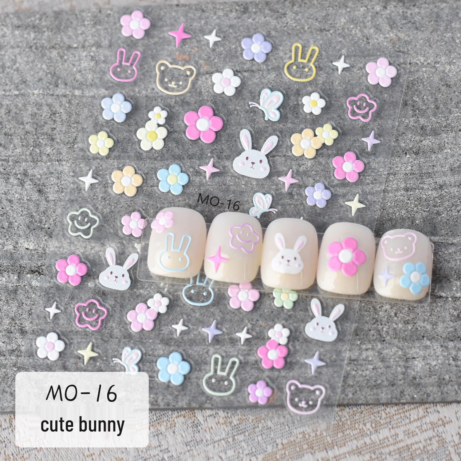MOSR 3D Embossed Nail Art Stickers: Cute Rabbit, Rainbow, and Flowers Pack
