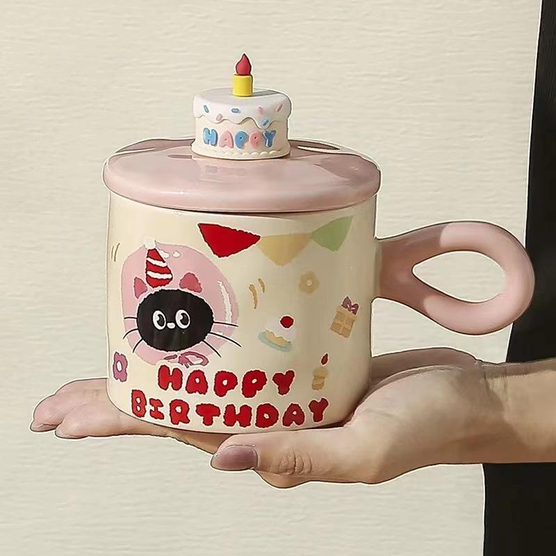 Cat Birthday Gift Mug High Value Office Girl Water Cup Souvenir Cartoon Ceramic Cup With Lid