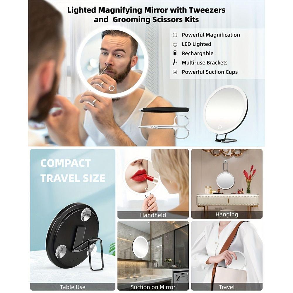 Suction Cup Magnifying Mirror with Light 360° Adjustable Stand Lighted Magnifying Glass  Travel