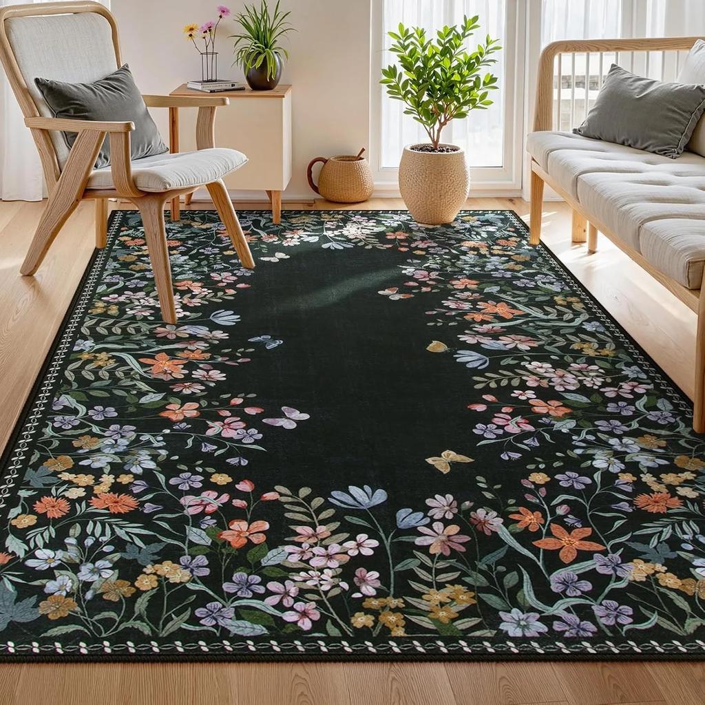 Living Room Carpet Floral Pattern Machine Washable Easy To Fold Rug Bedroom Bedside Mat Large Area Home Decoration Floor Mats