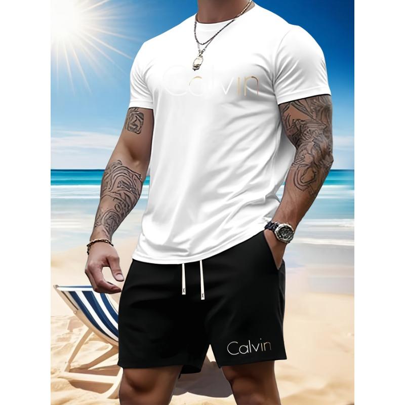 

Men s Summer T-shirt Two-piece Set Calvin Print Fashionable Casual Sportswear Set XL