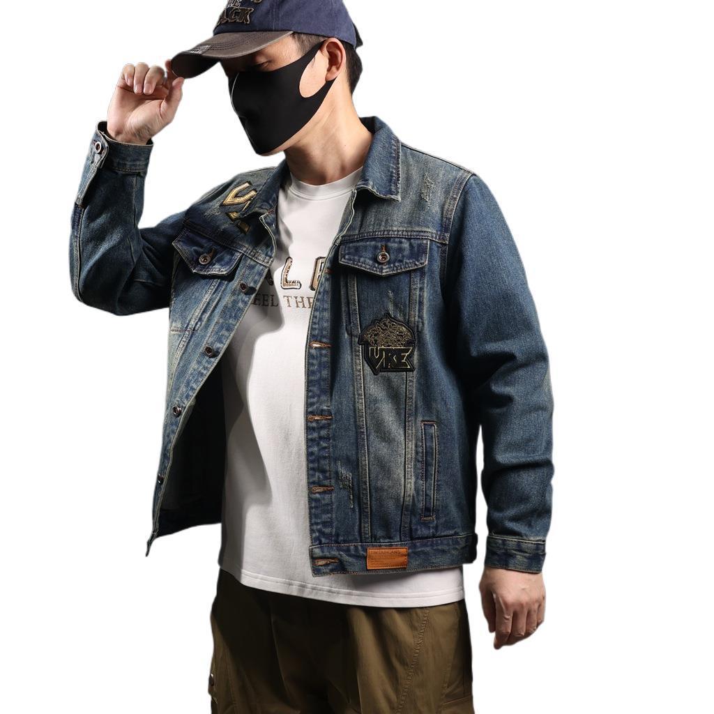 Xintang Men's Distressed Denim Jacket - Loose Fit Long Sleeve Outerwear 2025