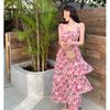 Spring/Summer 2026 Floral Print Elastic Shrinkle Vacation Dress Pink Skirt Suspender Beach Dress