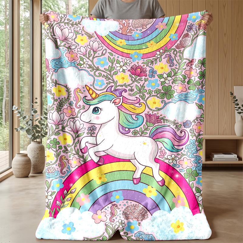Fantasy Unicorn Rainbow Theme Blanket Lightweight Warm Flannel Blanket Decorative Throw Blanket for Home Decoration