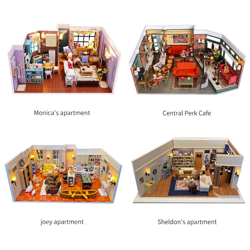 DIY Wooden Sheldons's Apartment Casa Miniature Building Kits Bookend Lights Assembled Bookshelf Home Decoration Friends Gift