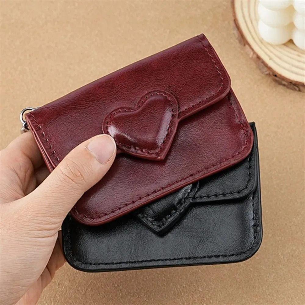 PU Leather Card Holder Heart Shaped Small Wallet Cute Car Key Chain  Women