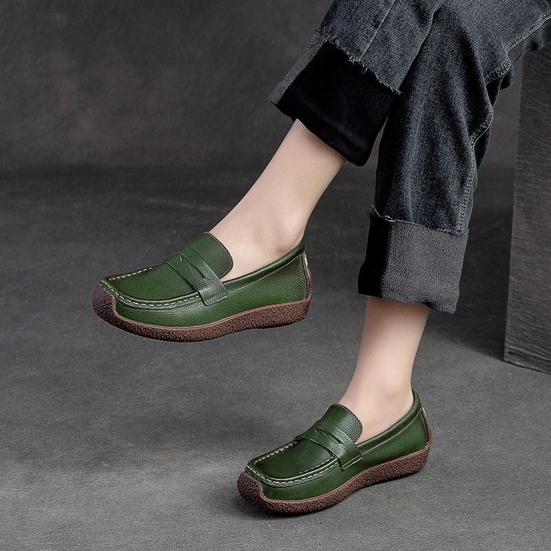 Johnature Scarpe basse da donna in vera pelle retrò fatte a mano Mocassini casual con punta rotonda con suola morbida e poco profonda