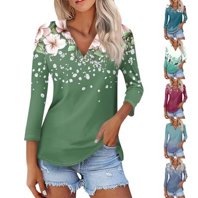 Women's Summer Fashion Casual  Print V-Neck Three Quarter Sleeve  Shirt Top