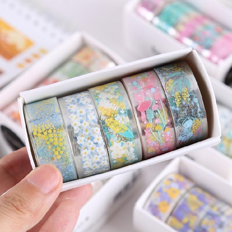 5Rolls Flower Tape 15mmX2M Water Resistant PET Tape Scrapbooking Decorative Tape for Craft Journal Photo Album