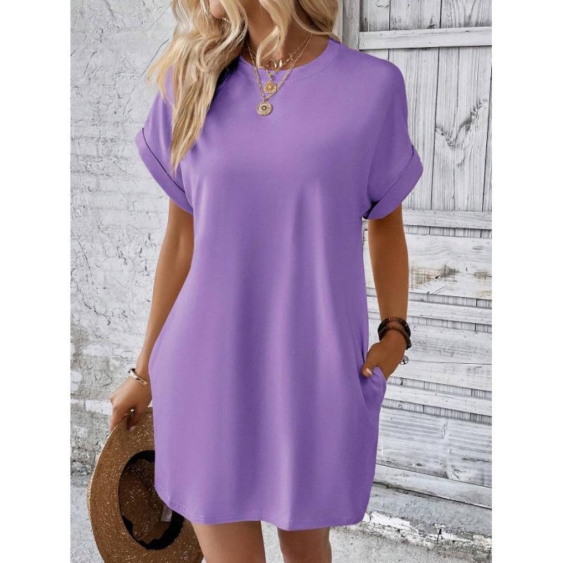 Women's Spring and Summer New Solid Color Round Neck Loose Short-sleeved Pocket Dress
