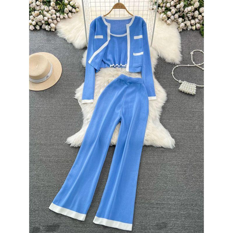 Fashion Suit K-style Long Sleeves Contrast Color Knitting Cardigan Coat Vest Three-Piece Set High Waist Slimming and Straight Loose Pants