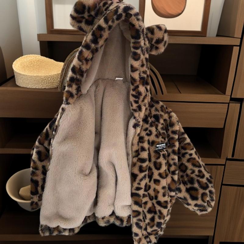 Boys Thickened Fleece Leopard Print Coat Kids Warm Plush Winter Jacket Baby Fashionable Cotton Padded Outerwear