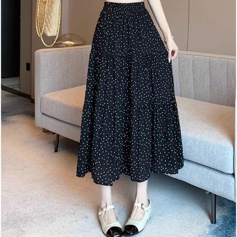 

MOJTA летняя женская юбка трапециевидной формы средней длины с высокой талией, свободная шифоновая юбка больших размеров в горошек one size чёрный