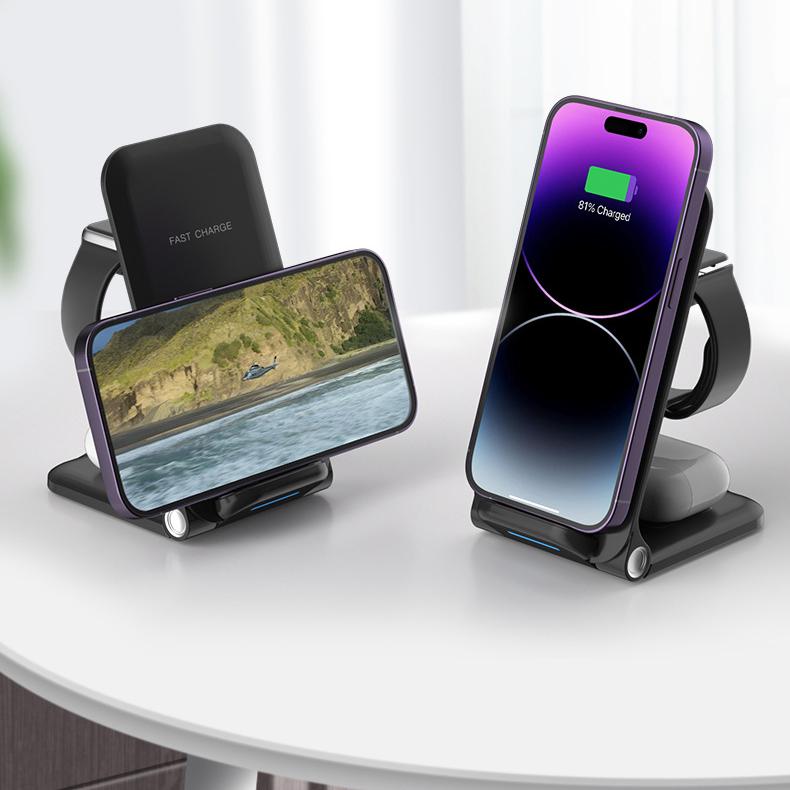 Vertical Folding Three-in-one Wireless Charger for Mobile Phone Headset Watch Charging Bracket