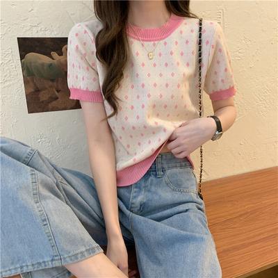 Summer Knitted Shirt Women's Short Sleeve Slim Look College Style Bottom Outerwear Set Thin Top