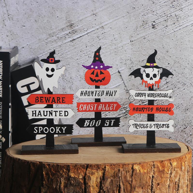 Skeletons Pumpkins Halloween Wooden Signpost Plaque Table Ornament Party Decor
