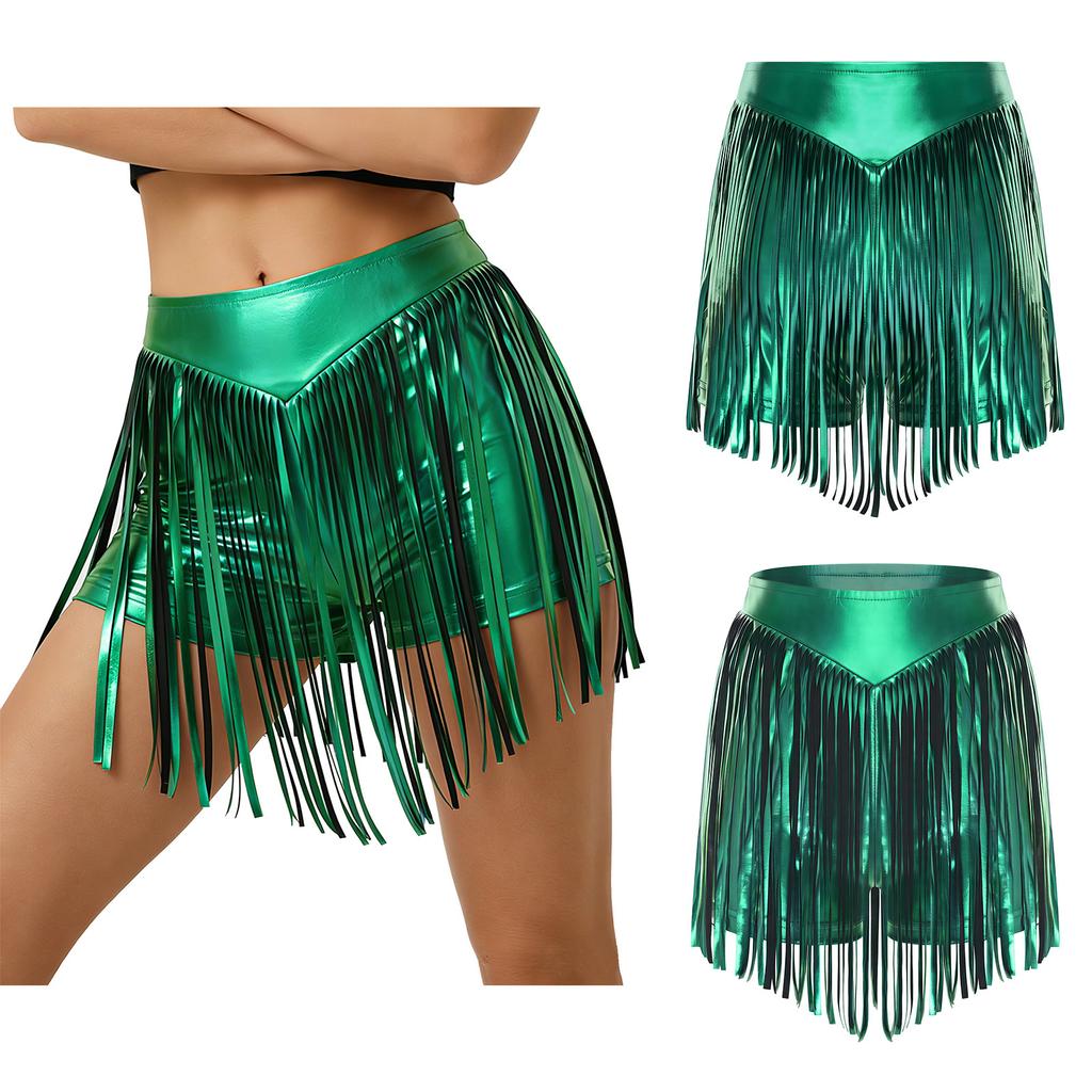 S-XXL Women's Fringed Booty Shorts: High Waist Iridescent Metallic Hot Pants with Tassel for Jazz Rock Dance Performance