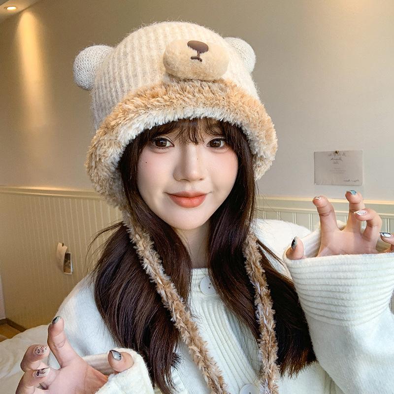 Bear Knitted Hat for Women, Winter Korean Style Versatile Thickened Woolen Hat, Ear Protection for Riding, Cold-Proof Lei Feng Hat