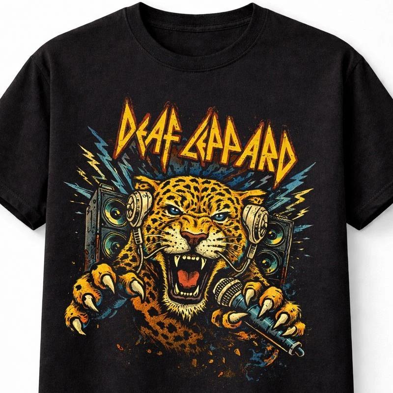 Deaf Leppard TShirt Rock Leopard Unisex Black Graphic Tee S