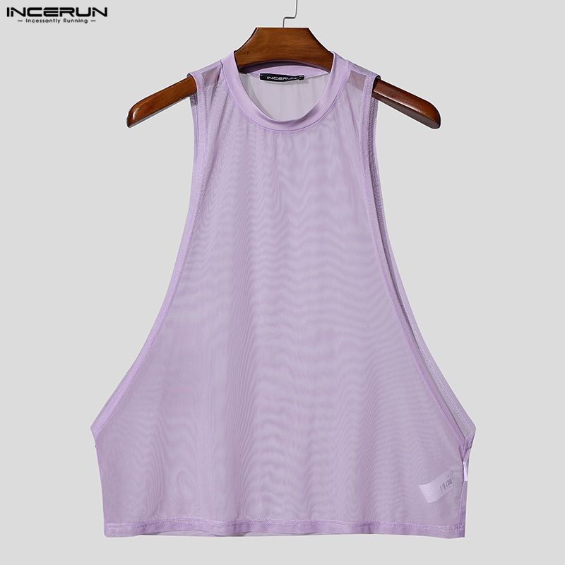 INCERUN Men Summer Sleeveless Big Cuff Mesh Sheer See Through Loose Beach Tank Tops