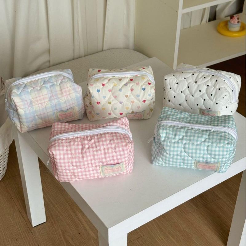 Kawaii Stepp Damen Kosmetiktasche Große Kapazität Reise Kulturtasche Reißverschluss Make-up Aufbewahrungstasche Karierte Münzbörse