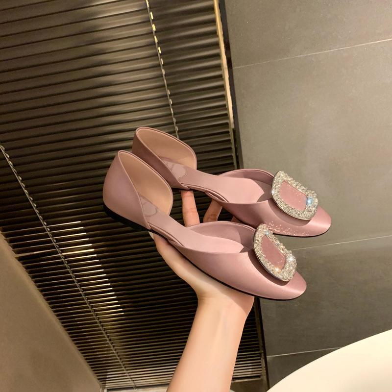 Rhinestone Square Buckle Silk Hollow Round Head Commuting Flat Sole Shoes Women