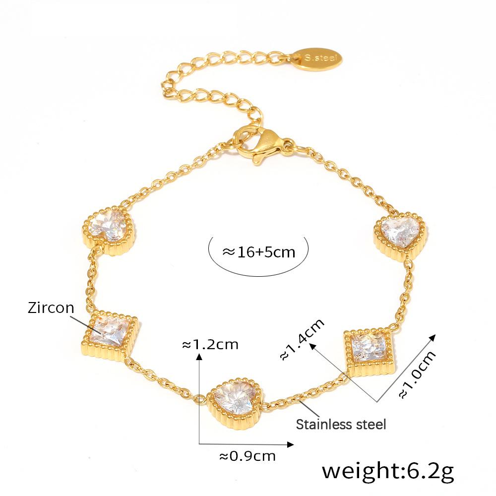 316L Stainless Steel Bracelet With Square And Heart Shape Zircon For Women No Tarnish Gold Silver Color Charm Women's Braccelets