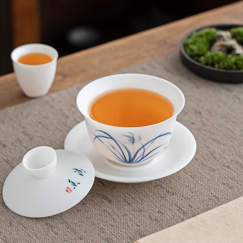 Handbemalte Keramik-Gaiwan mit goldverziertem Jade