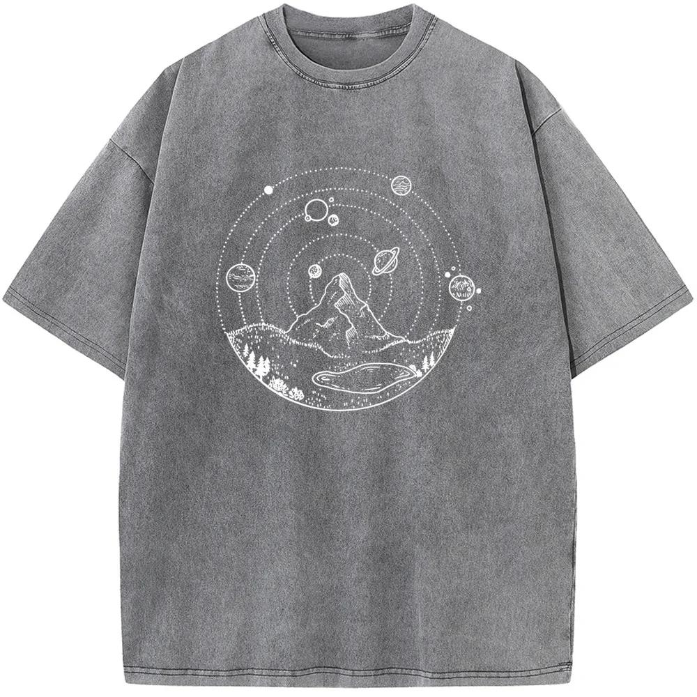 Mountain Print Unisex Washed T-Shirt Novelty Summer Bleached Tshirt Funny Casual Loose Bleach Tops Tee