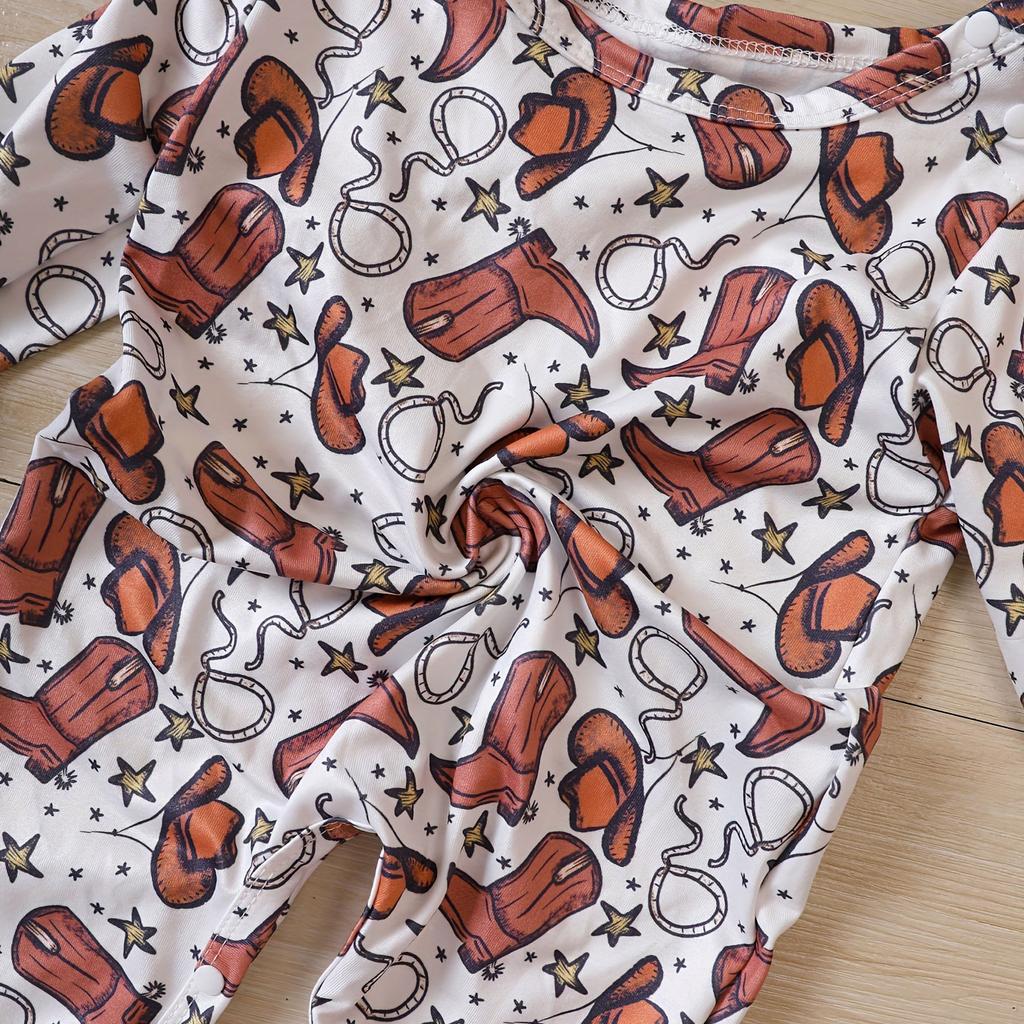 Baby Newborn Infant Girls Spring Autumn Cowboy Hat Print Long Sleeve Romper Jumpsuit Clothes Long Sleeve Toddler
