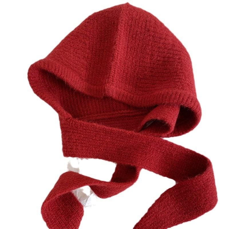 Korean Hood Scarf Balaclava Hat Ear Protection Warm Bomber Hats Women Retro Strap Bow Beanies Winter Accessories Knitted Law Hat
