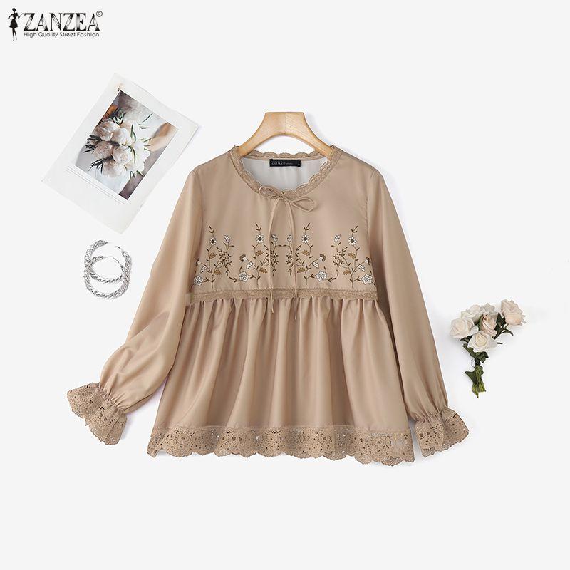 ZANZEA Blusa Casual da Donna a Maniche Lunghe con Scollo Rotondo e Stampa Larga