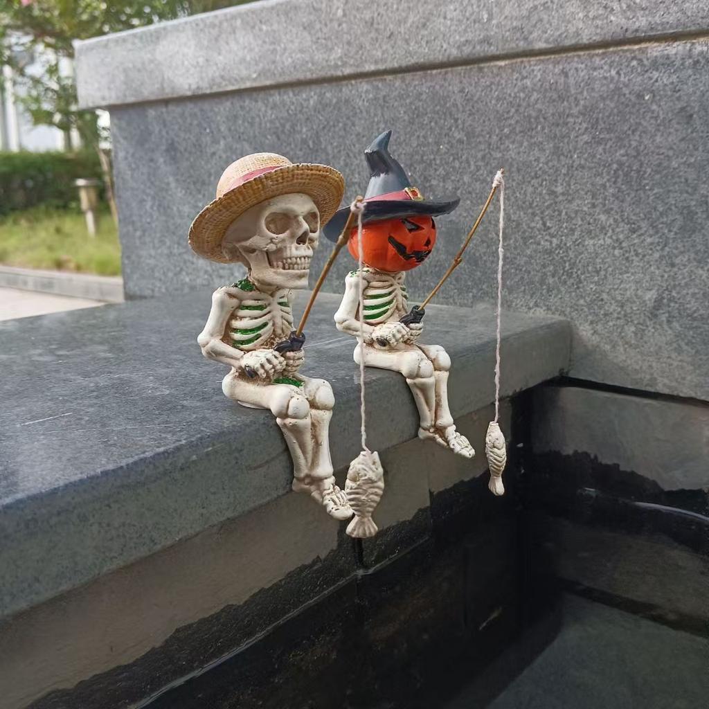 Fishing Skeleton Sculpture Garden Decorative Fishing Skeleton Statue Creative Skull Figurines Novelty Gifts Outdoor Ornaments