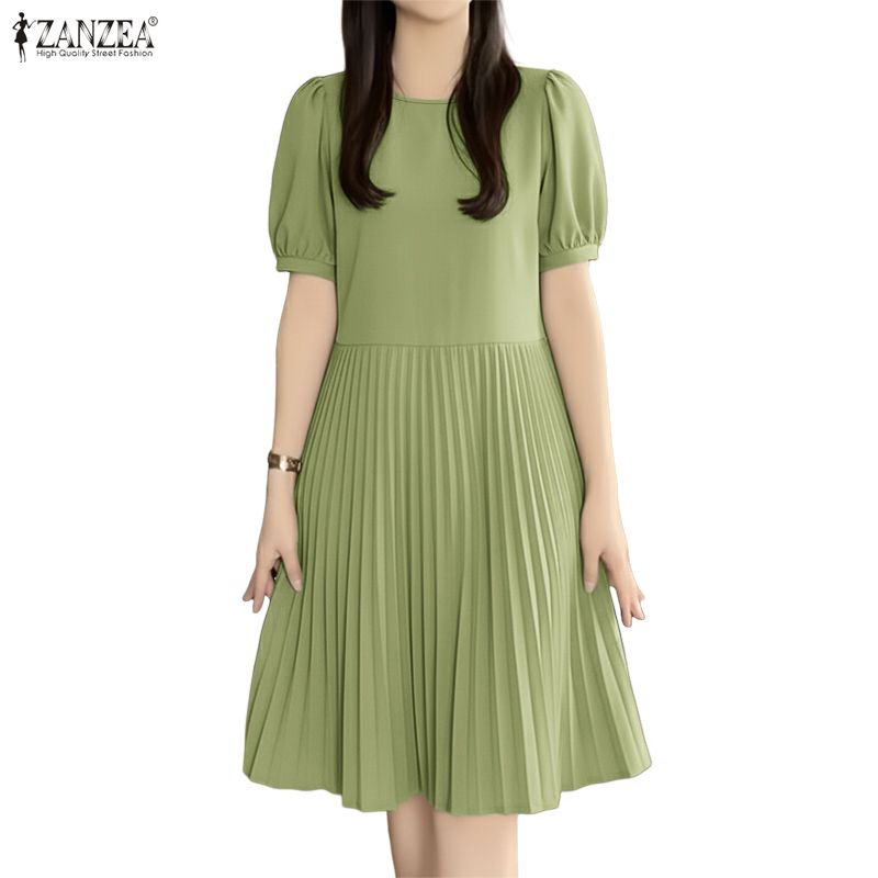 ZANZEA Women Daily Casual Round Neck Solid Color Short Sleeve Dress
