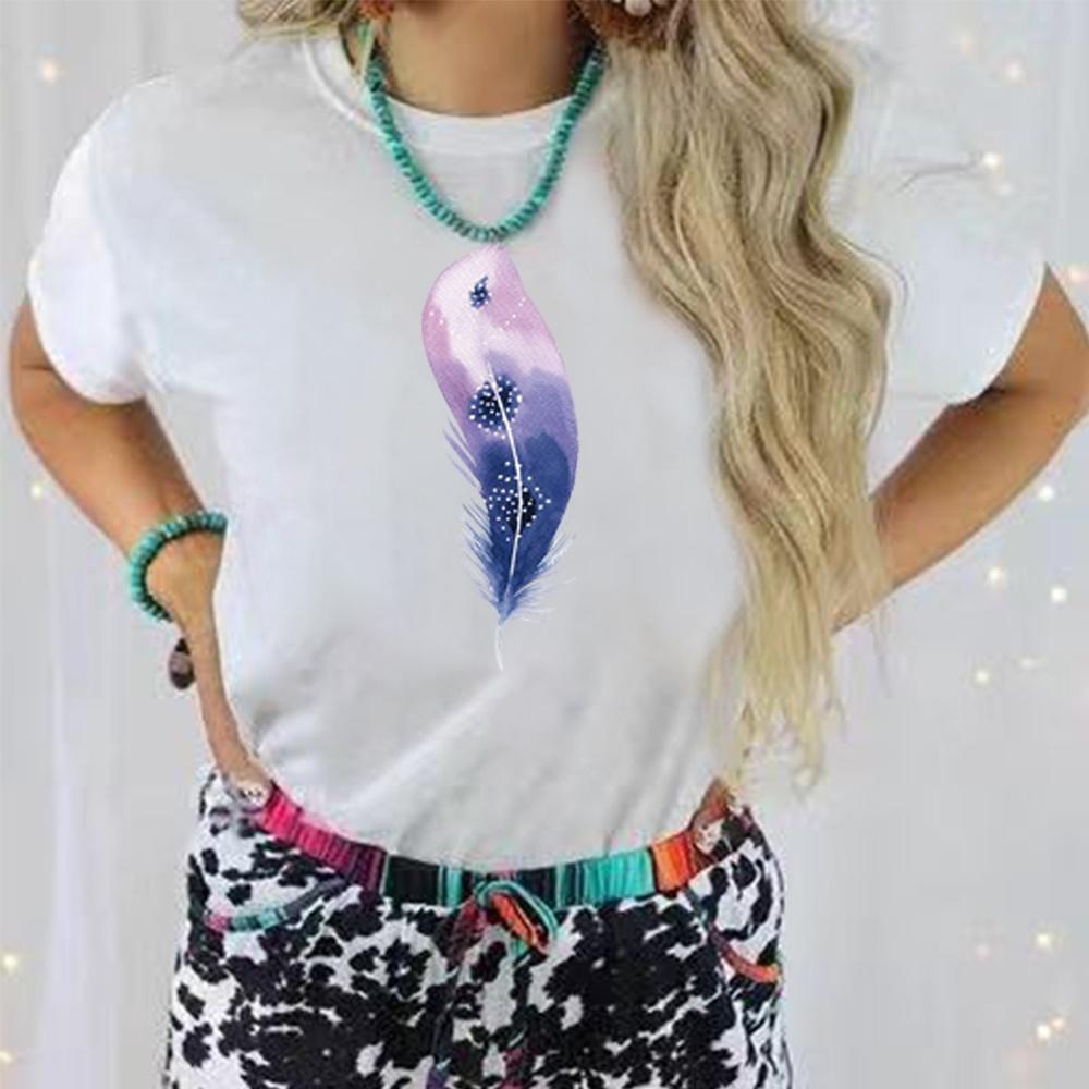 Lässiges lockeres Street-Outfit Sommer 3D-T-Shirt neues Federdruck Kurzarm-Oberteil Damen-T-Shirt Rundhals-Pullover O-Ausschnitt