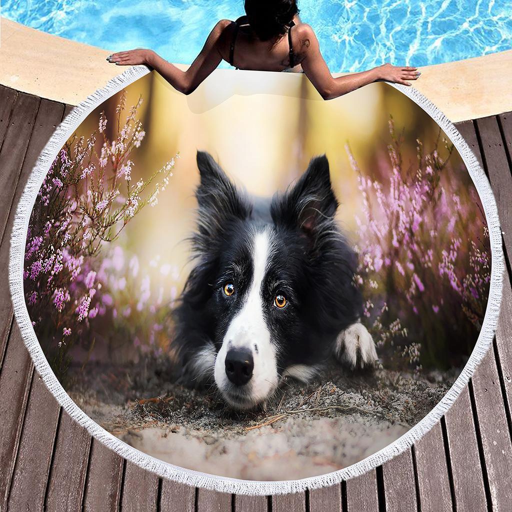 Cute Pet Dog Border Collie Round Beach Towel,Sand Free Beach Blanket Picnic Mat for Bathroom Pool Surf Travel Outdoor Meditation