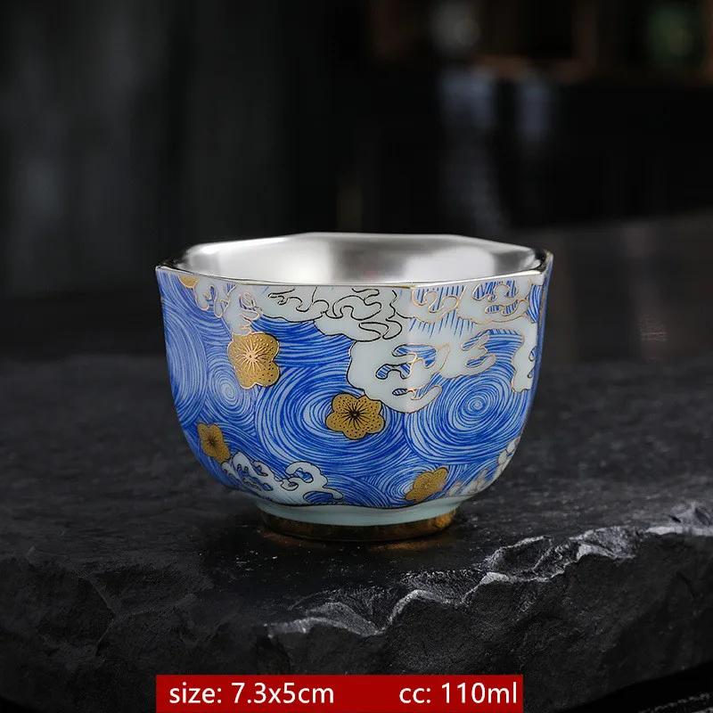 1Pc High-grade Silver Tea Cup Vintage Enamel Ceramic Teacup Chinese Handmade Master Cup Custom Tea Set Gifts Meditation Cup  200ml