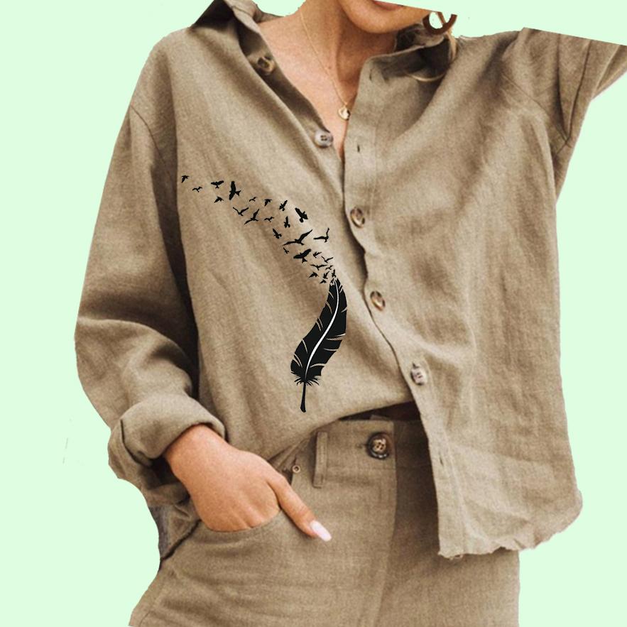 

Женская мода Цветочный принт Блузка Дамы Хлопок Льняной Топ Повседневная рубашка на пуговицах 3XL хаки