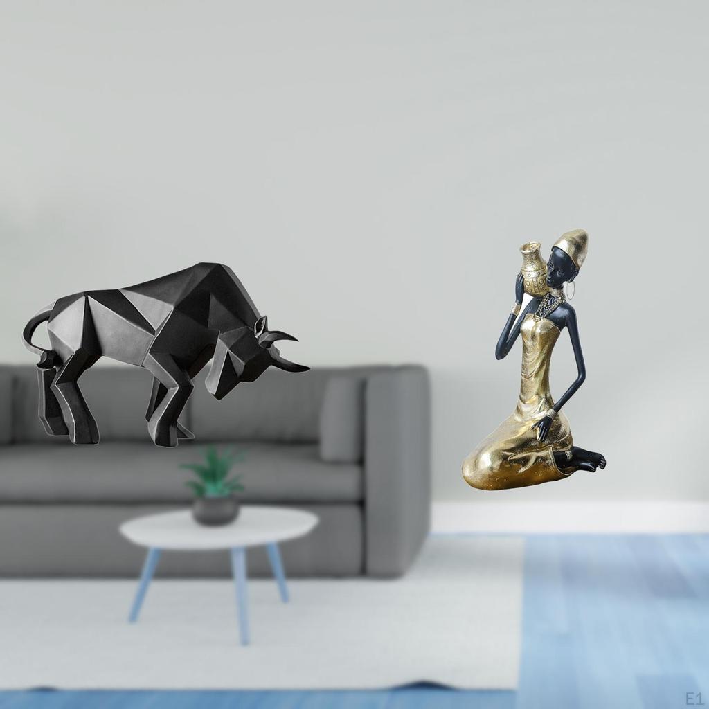Modern Resin Bull And African Tribal Lady Sculpture Abstract Figurine Collectible Ornament for