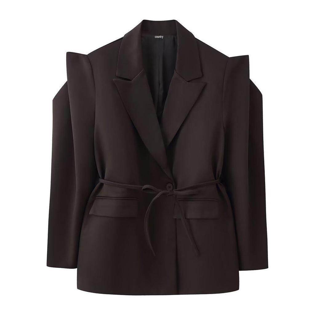 Women's Fashion Padded Shoulder Suit Jacket with Tie-Waist