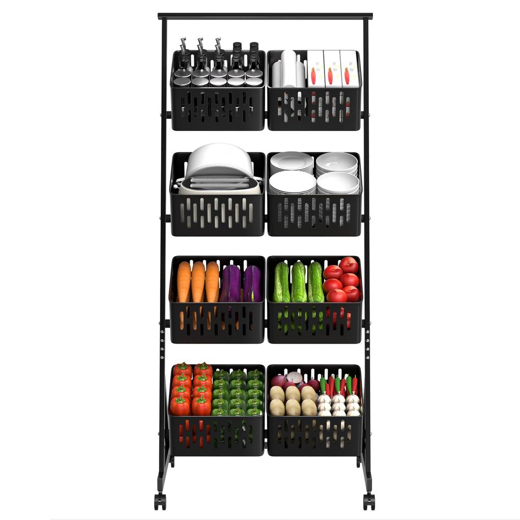 Fruit Vegetable Storage Basket Cart 4 Tier Stackable Mesh Storage Shelf with Wheels Pantry Organizer Rack with Detachable