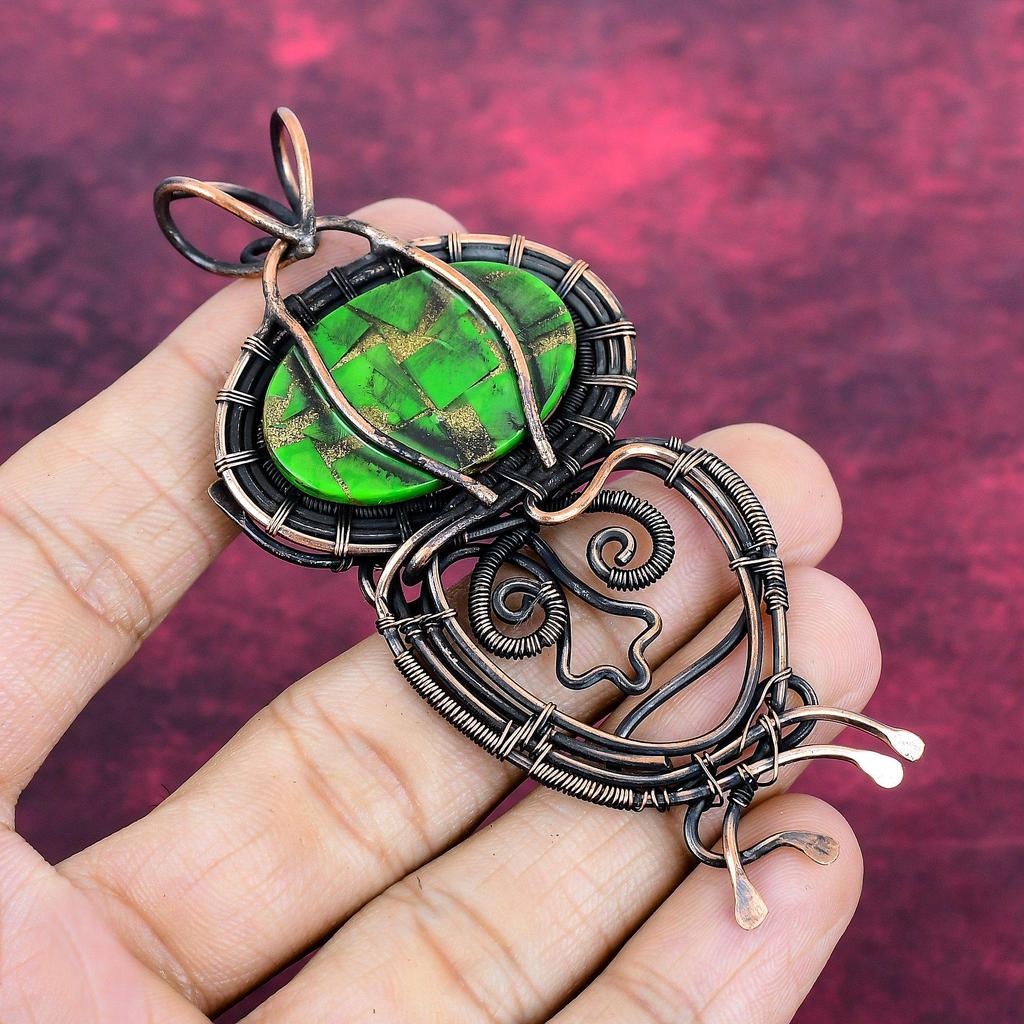 Copper Green Turquoise Pendant Copper Wire Wrapped Jewelry Real Gemstone Pendant