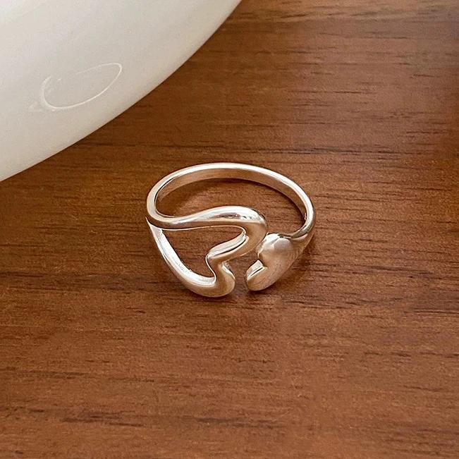 Real 925 Silver Hollow Heart Opening Adjustable Rings for Women Cute Fine Jewelry Minimalist Asymmetric Accessories