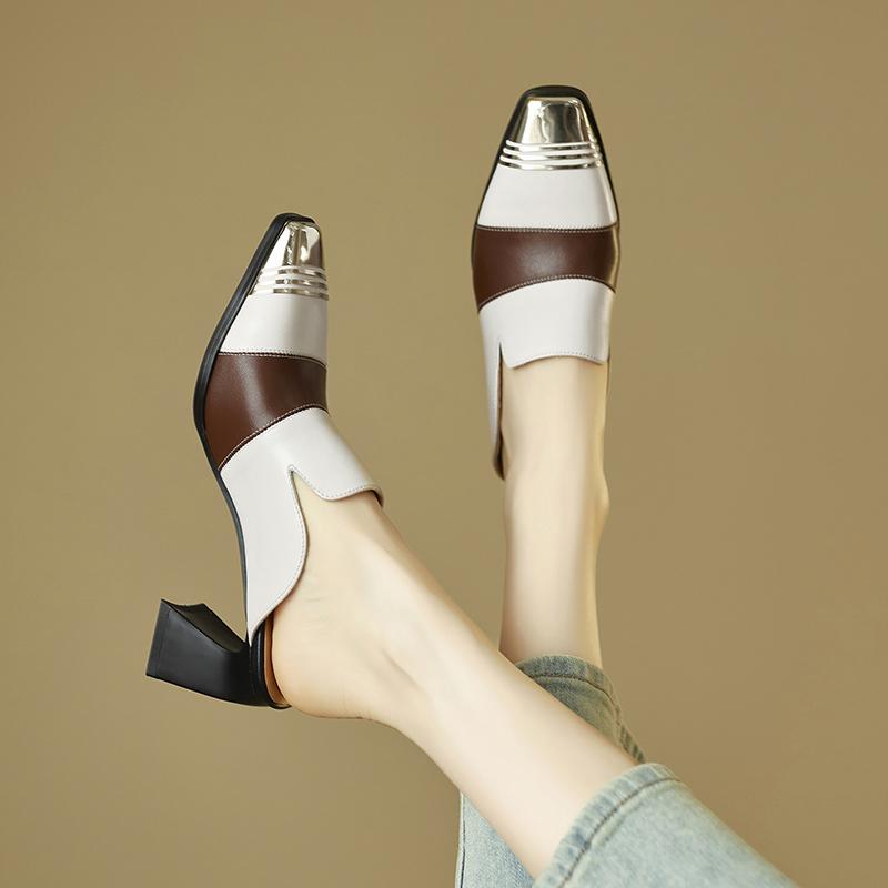 Fashion 2025 New Ladies Genuine Leather Metal Head Mules Fashion Med Chunky Heels Summer Wedges Slippers Women Casual Office Shoes Woman