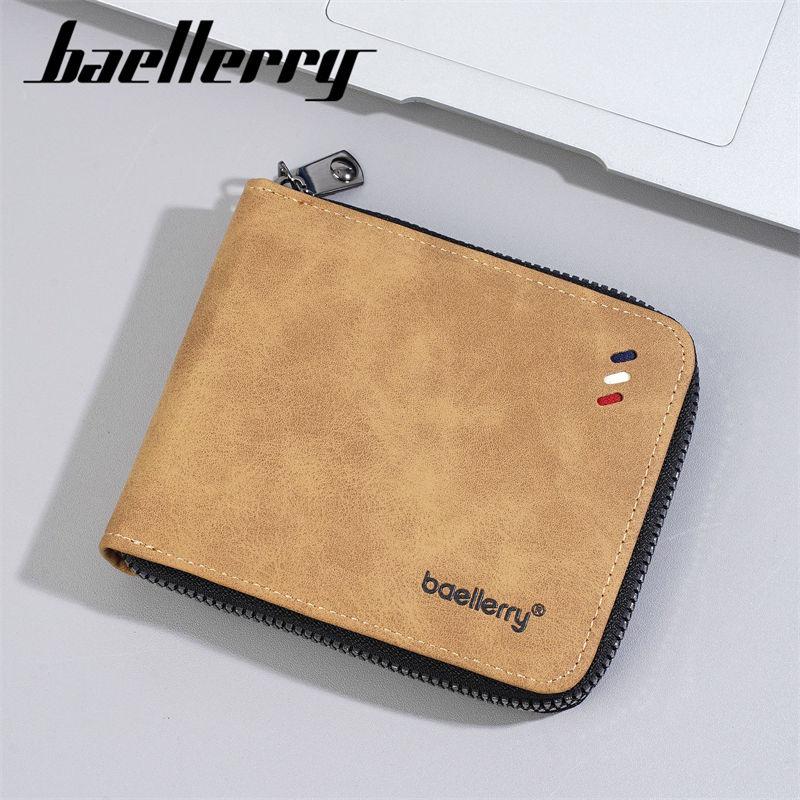 Baellerry Men Zipper Wallets PU Leather Short Coin Purse Vintage Design Card Holder